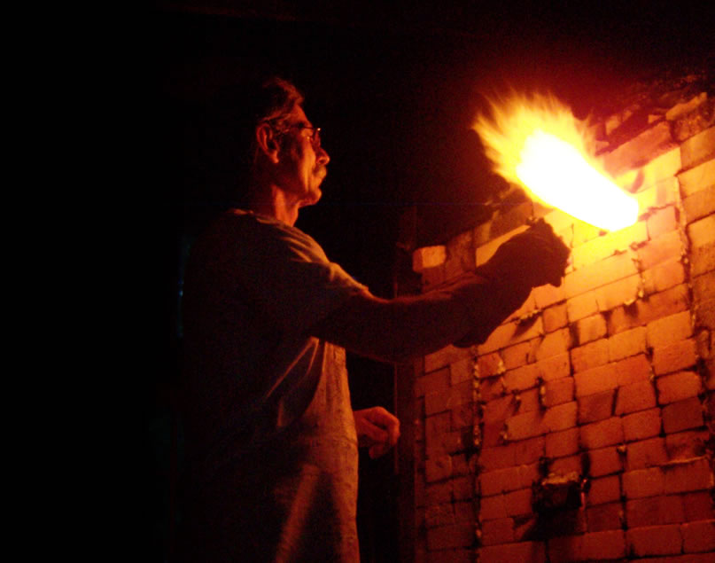 Photo of Tom White, 
Potter, Creator of Wood Fired soda and salt pottery and gas fired glazeware. Creates functional ceramics such as teapots, cups, trays, flasks, pitchers, butter dishes. Visit us in Northfield Massachusetts at the shop, check web site for open houses.